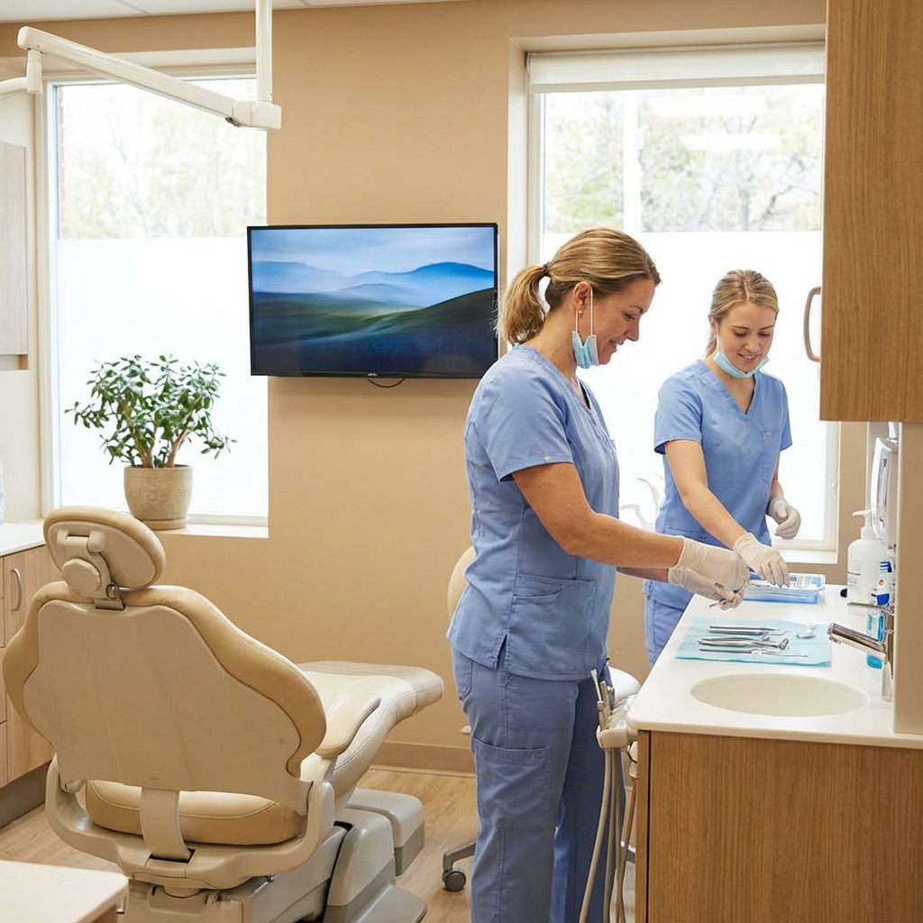 Photorealistic mid-range shot of a comfortable dental operatory showing a female dental hygienist and dentist preparing to...
