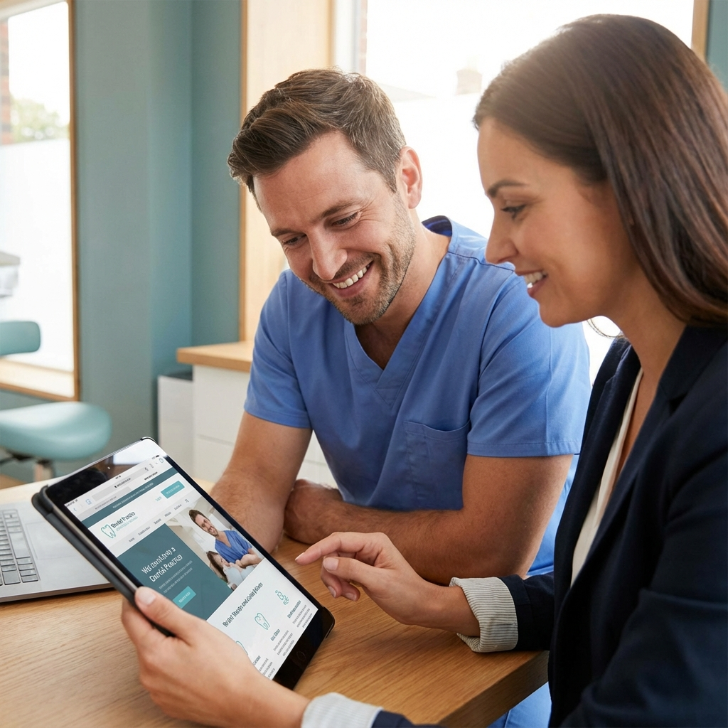A clean photorealistic image of a dentist and office manager reviewing a mobile-friendly dental website on a tablet. Moder...