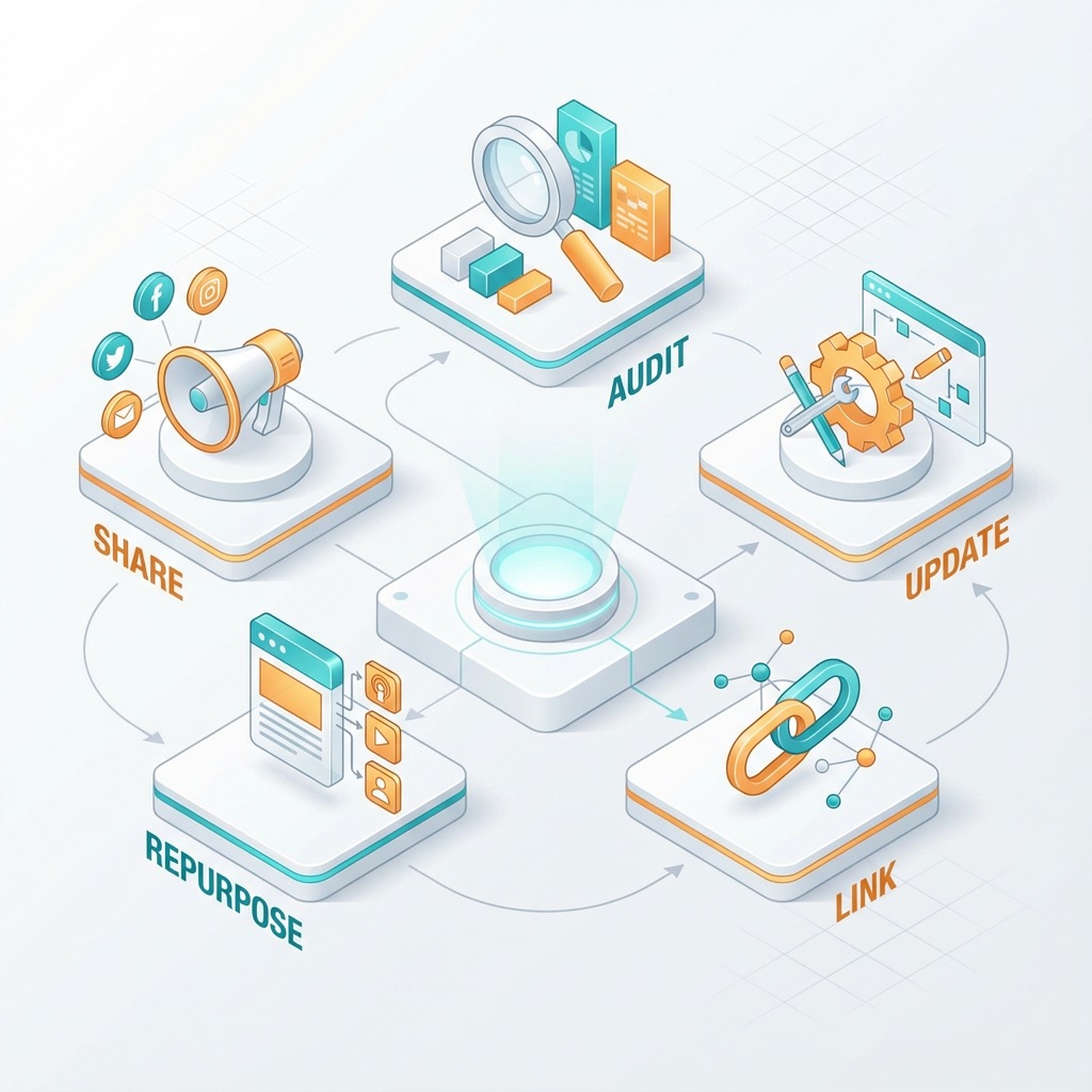 Isometric 3D infographic-style visual showing content lifecycle steps: Audit, Update, Link, Repurpose, Share; clean modern...