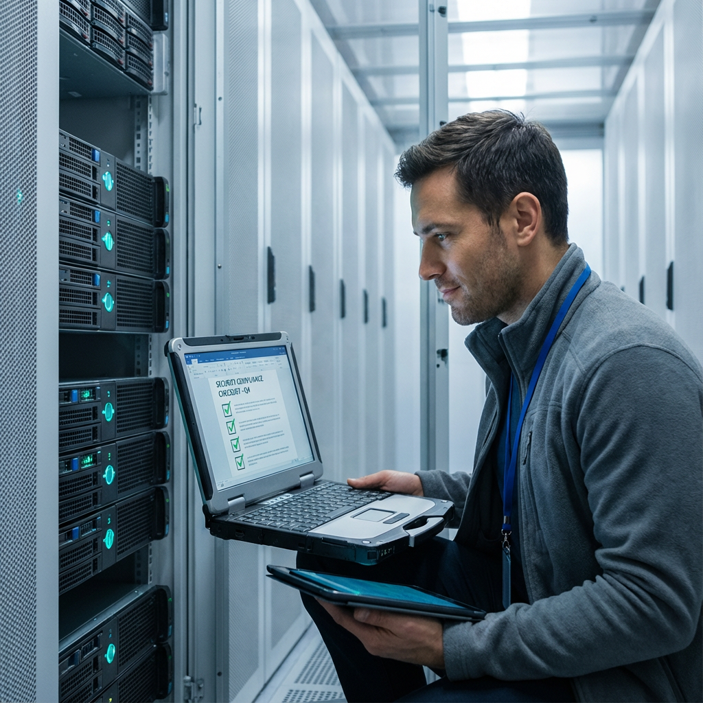 A photorealistic in-content image showing an IT engineer inside a modern server room, checking rack-mounted servers and a ...