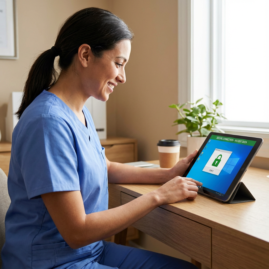 Photorealistic mid-article scene of a clinician using a virtual desktop on a tablet in a calm clinic workspace. Emphasis o...