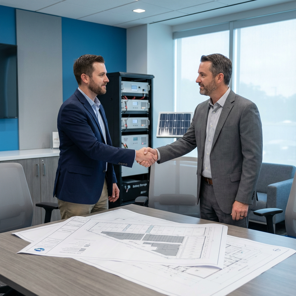 Independent Solar | How To Choose a Reliable Commercial Solar Partner 2026 Tips. Photorealistic mid-frame shot of a project kickoff meeting: a project manager and a dealer shaking hands over printed site...