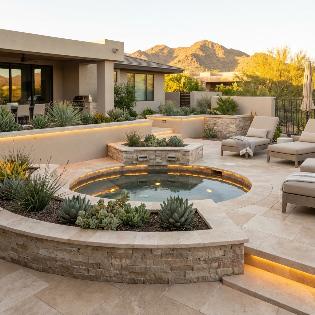 Photorealistic mid-shot of a modern Paradise Valley backyard showing a spool with integrated spa jets, stone veneer plante...