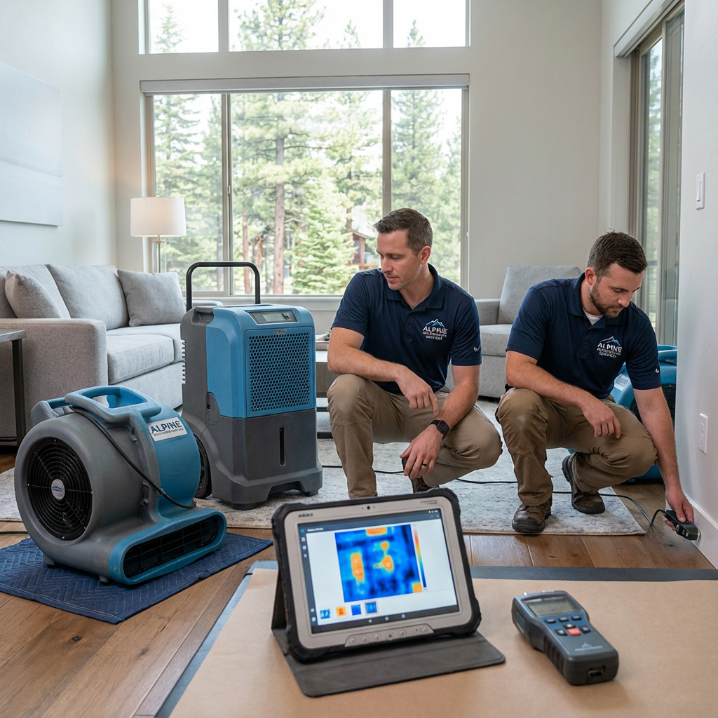 Photorealistic mid-article image of restoration equipment in action inside a mountain condo. Close-up of industrial dehumi...