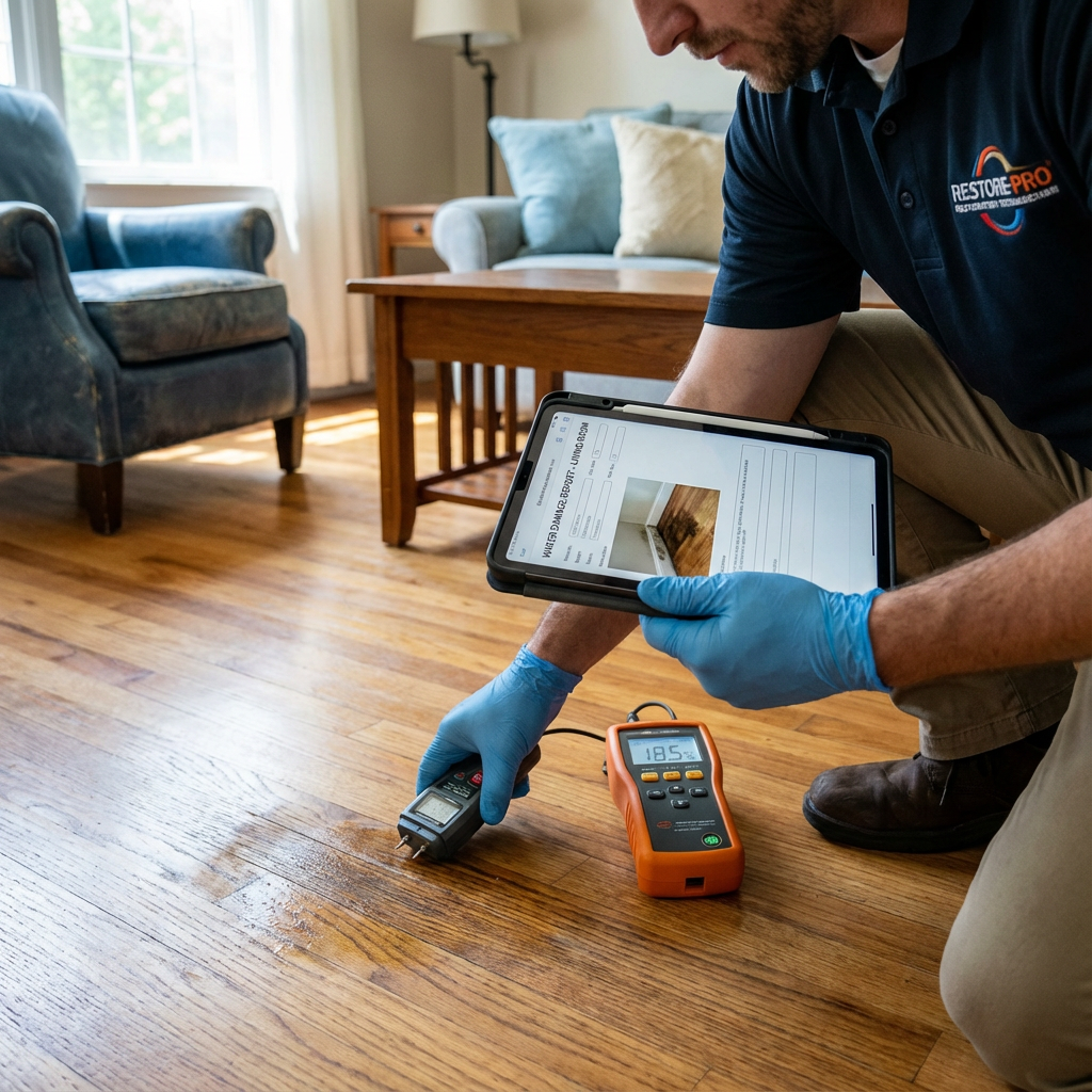 Close-up photorealistic shot of a restoration technician using moisture meters and documenting water damage on a tablet in...