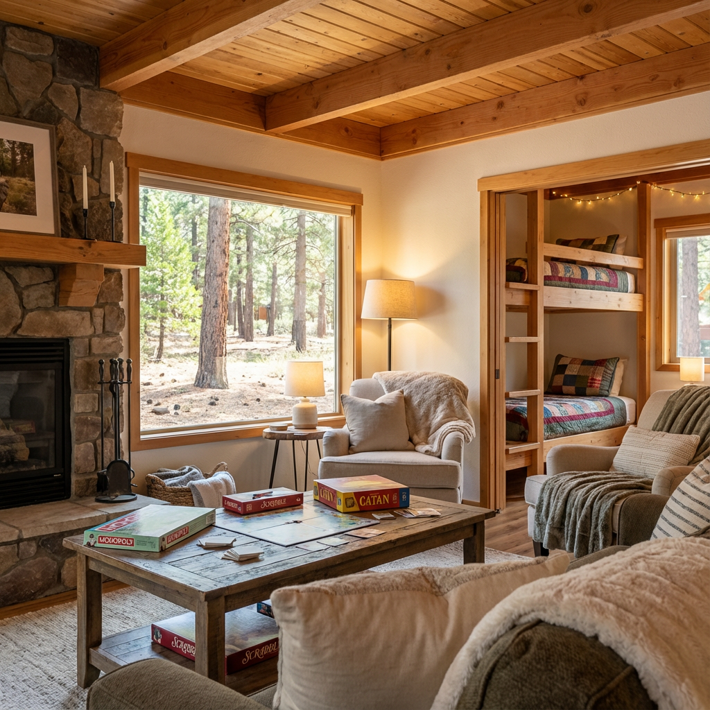 Photorealistic mid-shot of a bright, family-friendly cabin living room with board games on a coffee table, bunk beds visib...