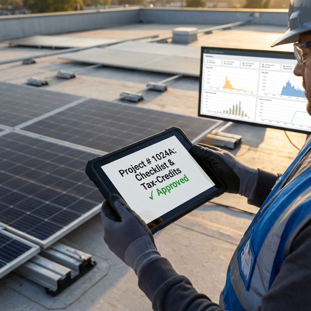 Close-up photorealistic scene of a commercial solar technician on a rooftop using a tablet that displays project numbers a...