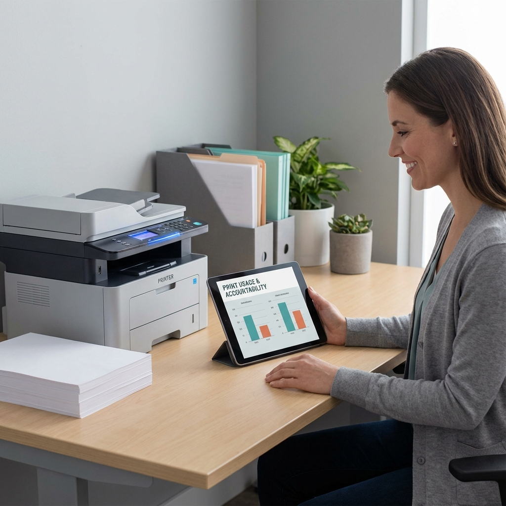 Photorealistic mid-shot of a compact office workspace with a networked multifunction printer, stack of paper, and a small ...