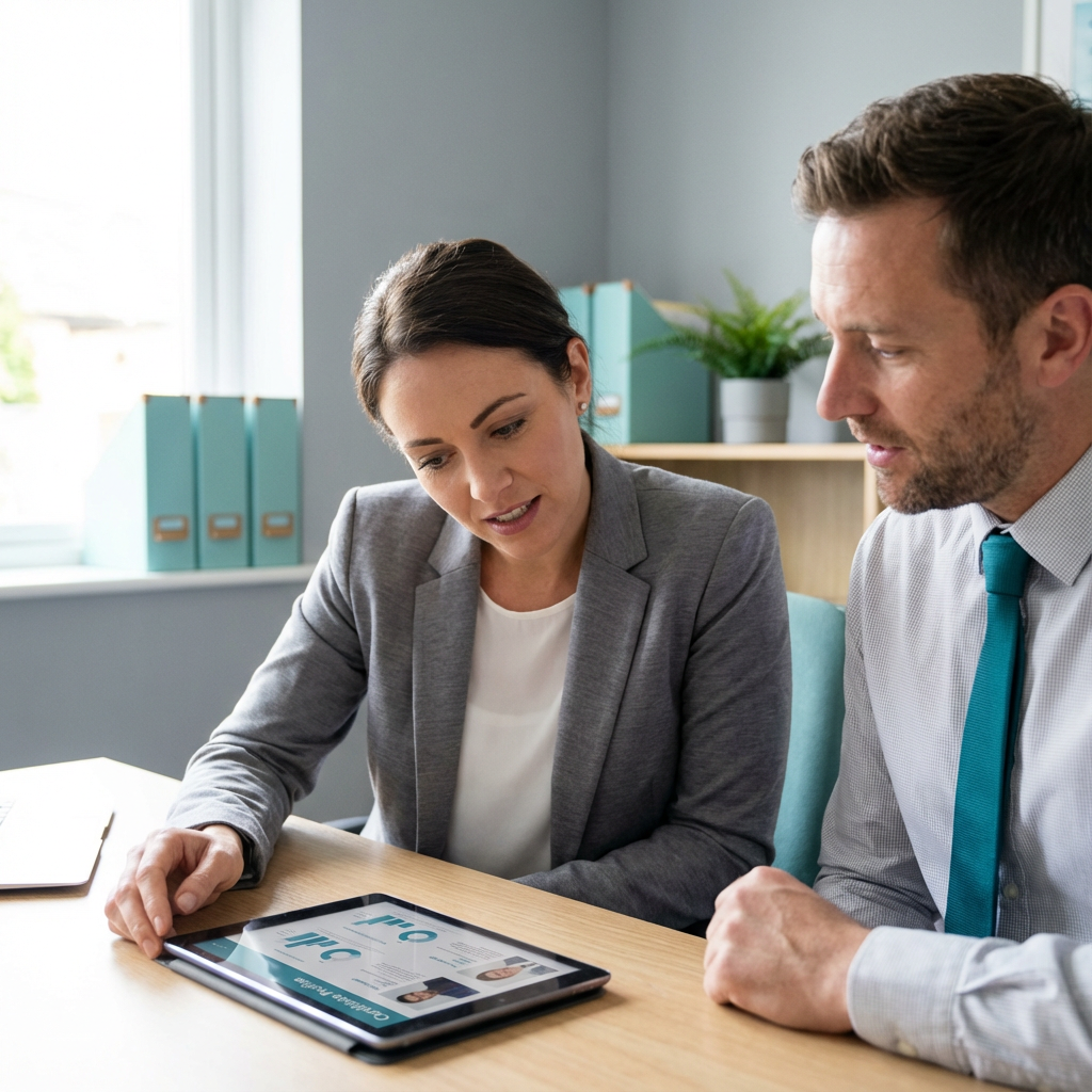 Clean mid-content photorealistic image of a recruiter and a clinical director reviewing candidate profiles on a tablet, co...
