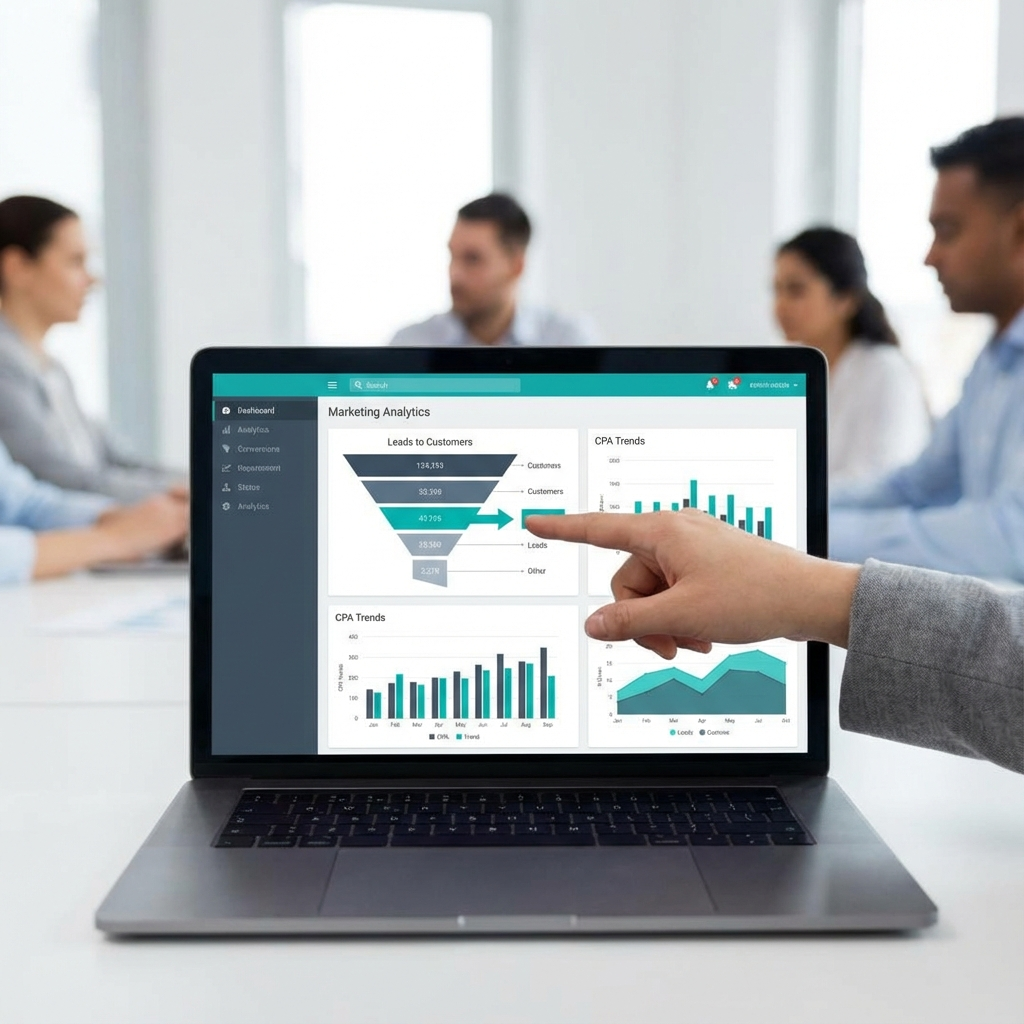 Photorealistic close-up of a marketing dashboard on a laptop showing clear conversion funnels and cost-per-acquisition met...