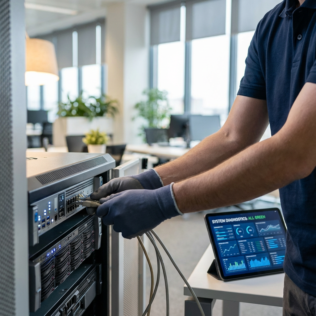 Network System Solutions | Signs Your Small Business Needs Outsourced IT in Arizona Now Photorealistic in-content image of a technician performing an on-site server check in a bright office, close-up on hands c...