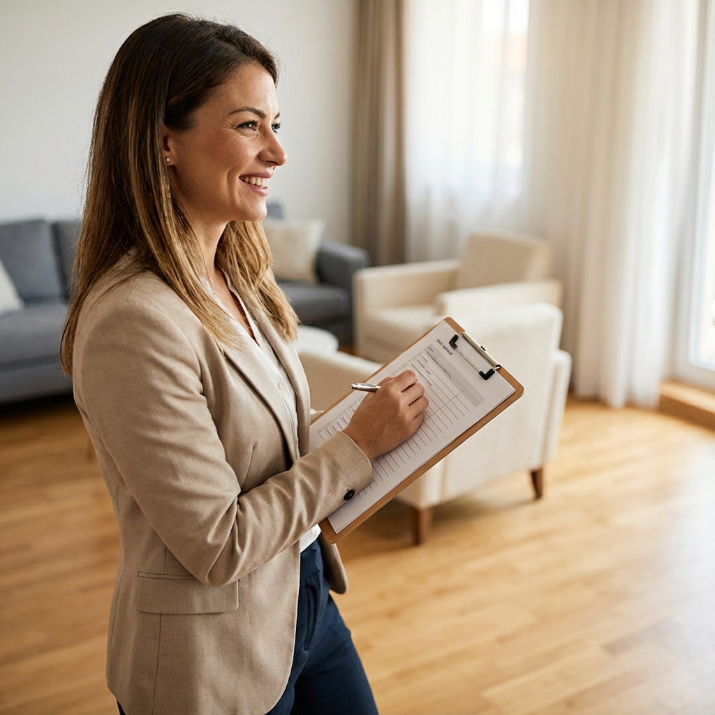 Photorealistic mid-page shot of a property manager inspecting a bright rental home interior, modern furnishings, neutral p...