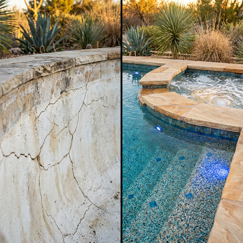 Close-up photorealistic before-and-after split image showing old cracked pool plaster on left and new pebble-finish pool w...