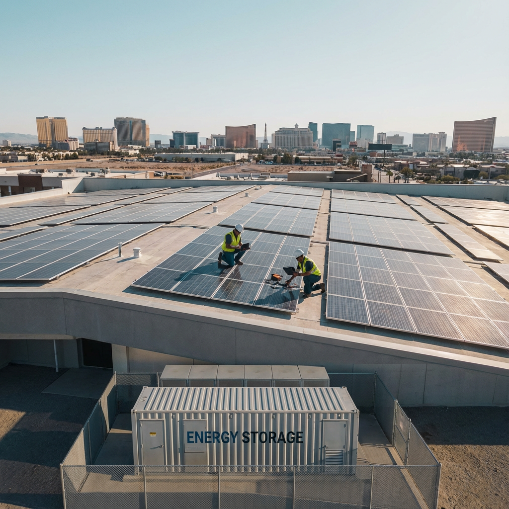 Mid-article photorealistic image showing a close-up overhead view of a multifamily rooftop solar array with technicians pe...