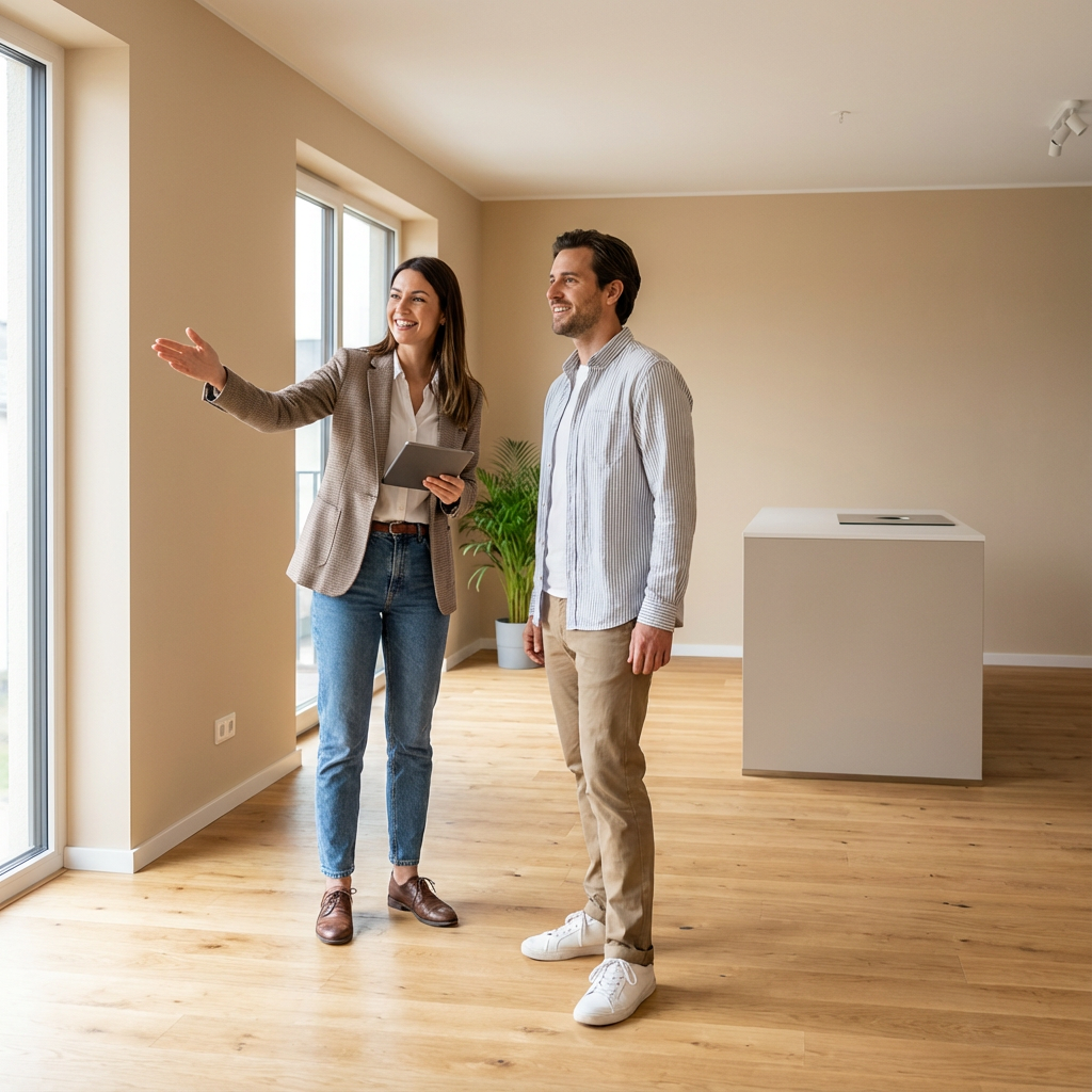 In-content photorealistic scene showing a property manager walking a prospective tenant through a freshly renovated apartm...