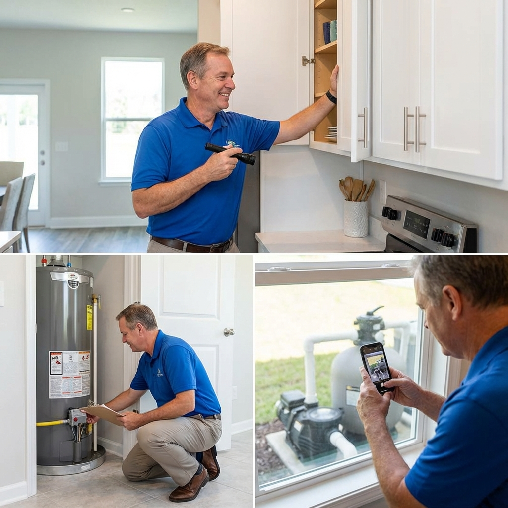 Photorealistic middle-of-article scene of a home-watch professional performing an interior check: opening cabinets, checki...