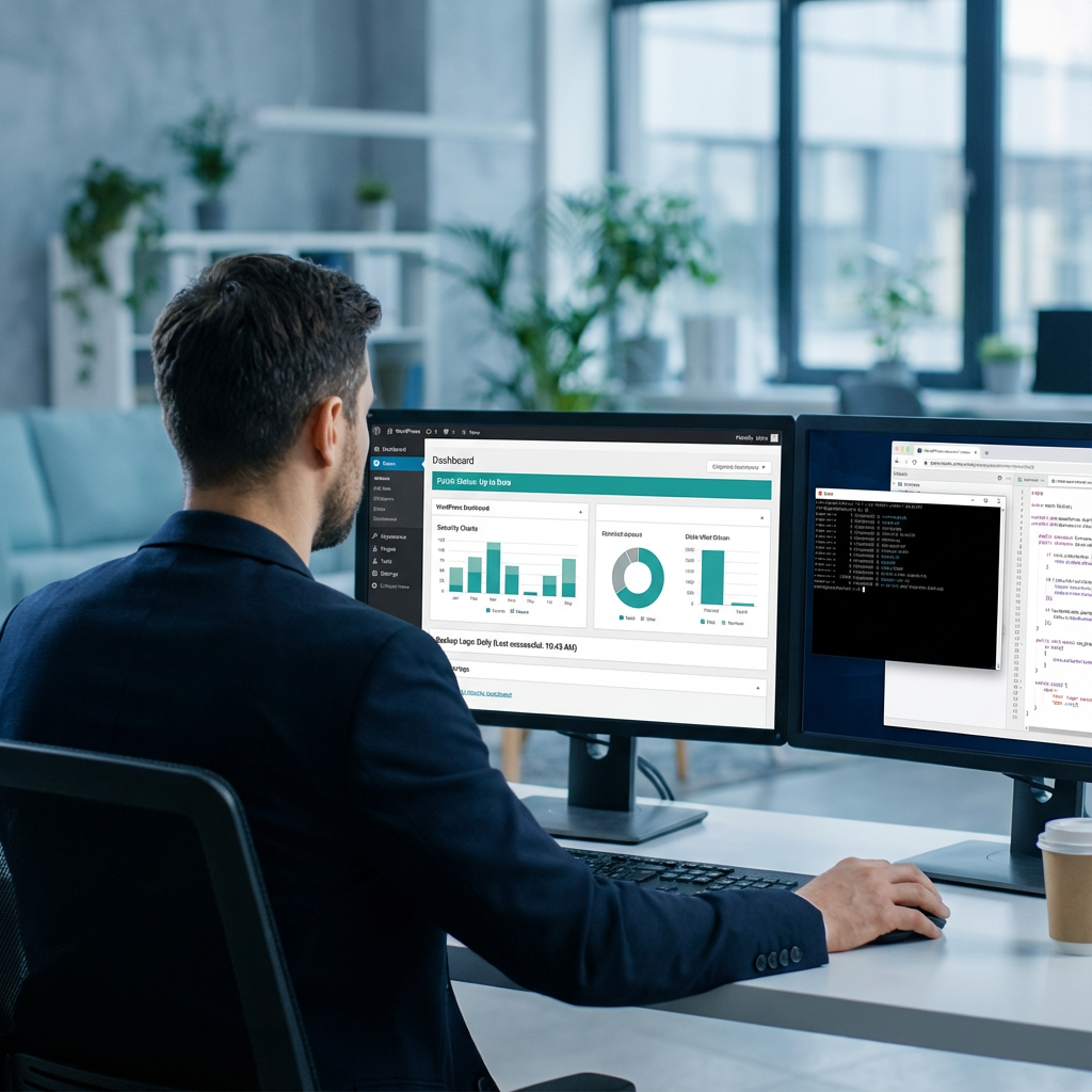 Close-up photorealistic scene of an IT administrator reviewing a WordPress security dashboard on a dual-monitor setup in a...