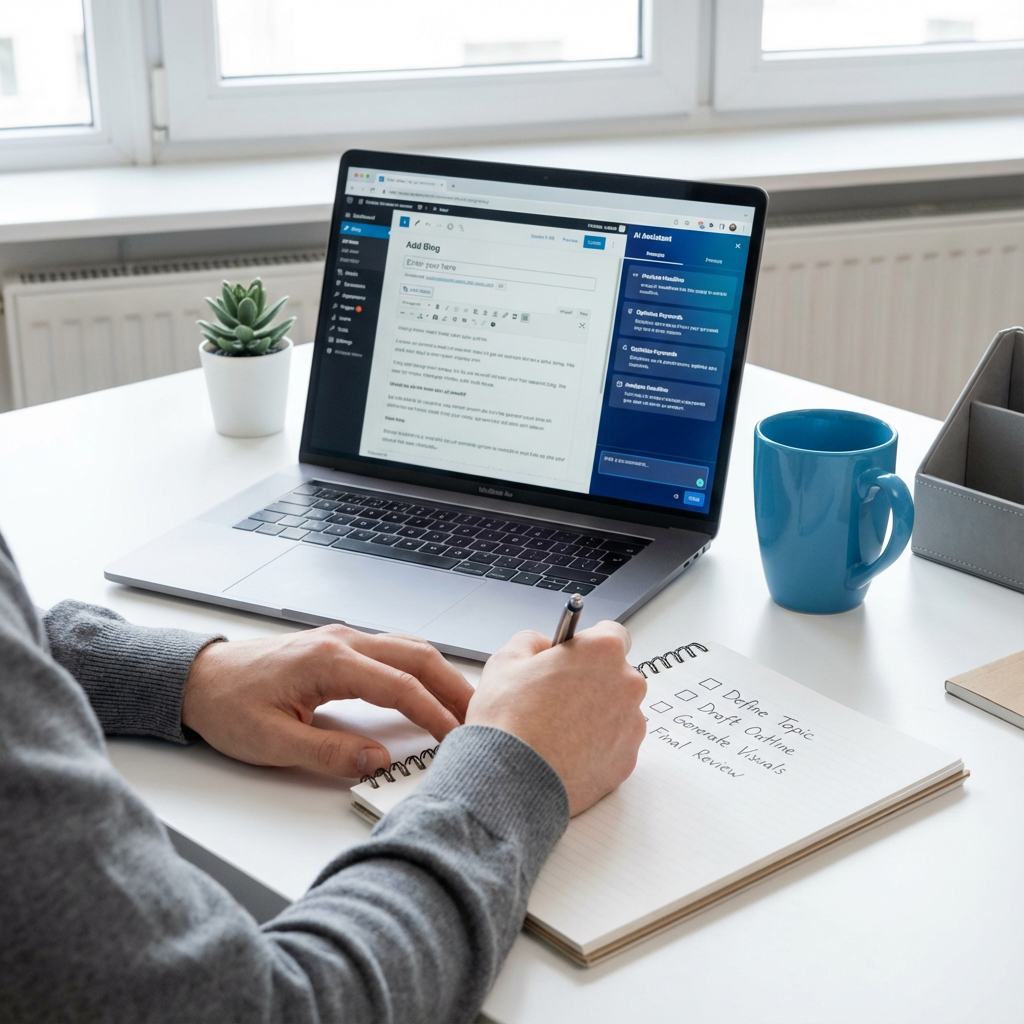 Clean photorealistic in-content scene of a content creator at a tidy desk, notebook open with a short checklist, laptop sh...