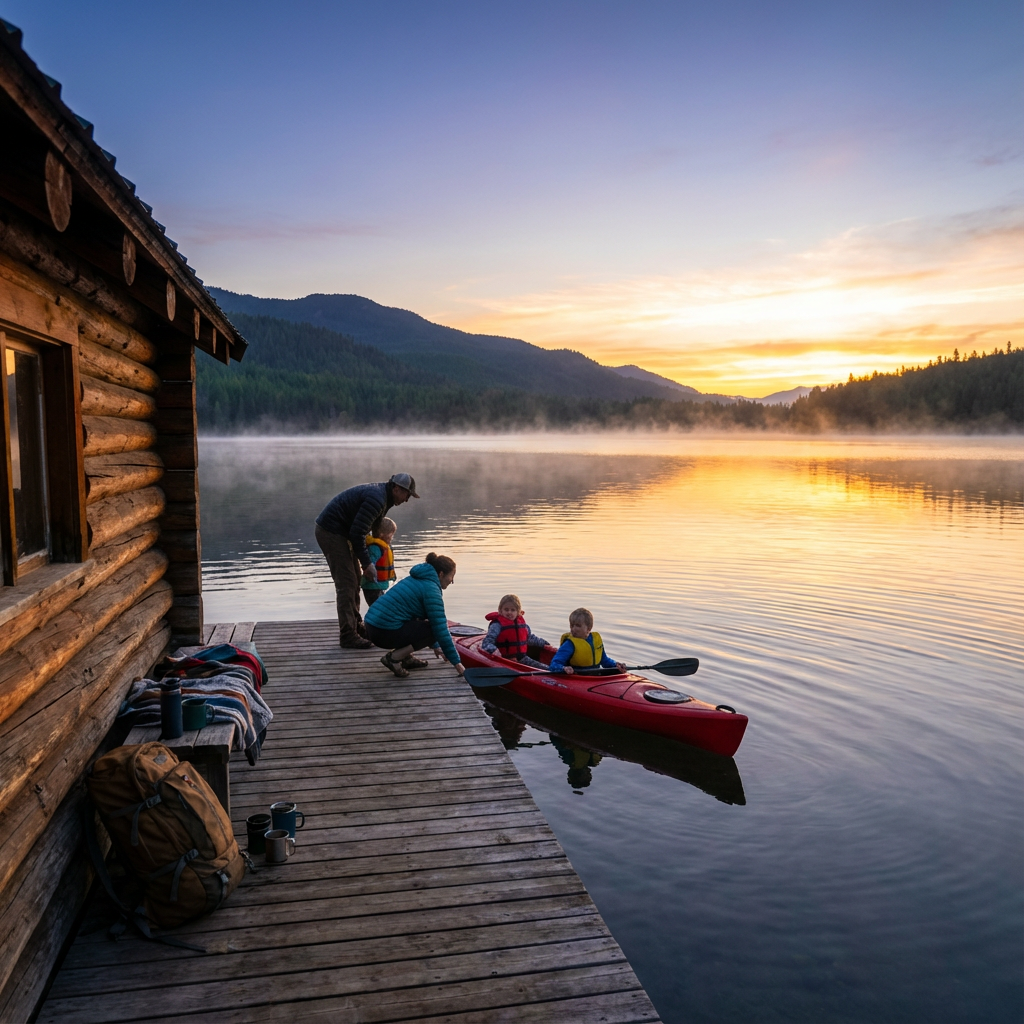 Mid-article photorealistic shot of a family launching a small kayak from a private cabin dock at sunrise. Natural, candid ...