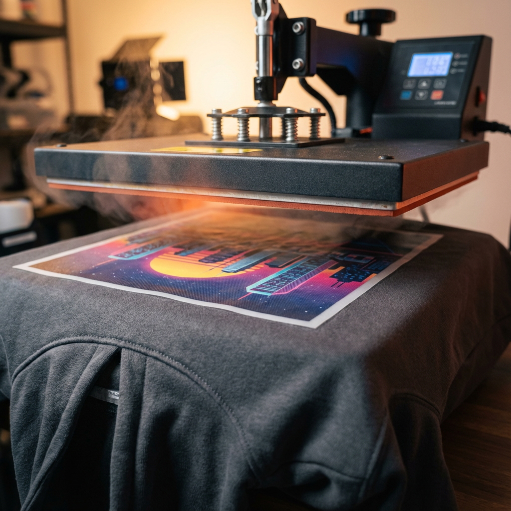 Close-up photorealistic shot of a heat press applying a colorful DTF transfer to a cotton hoodie. Modern, crisp detail, pr...