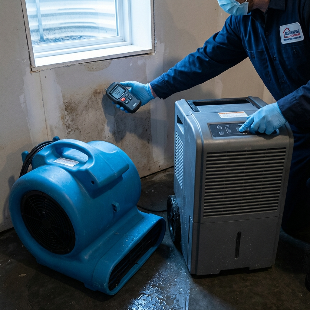 Photorealistic in-content photo showing close-up action: a technician positioning a high-capacity air mover and a dehumidi...