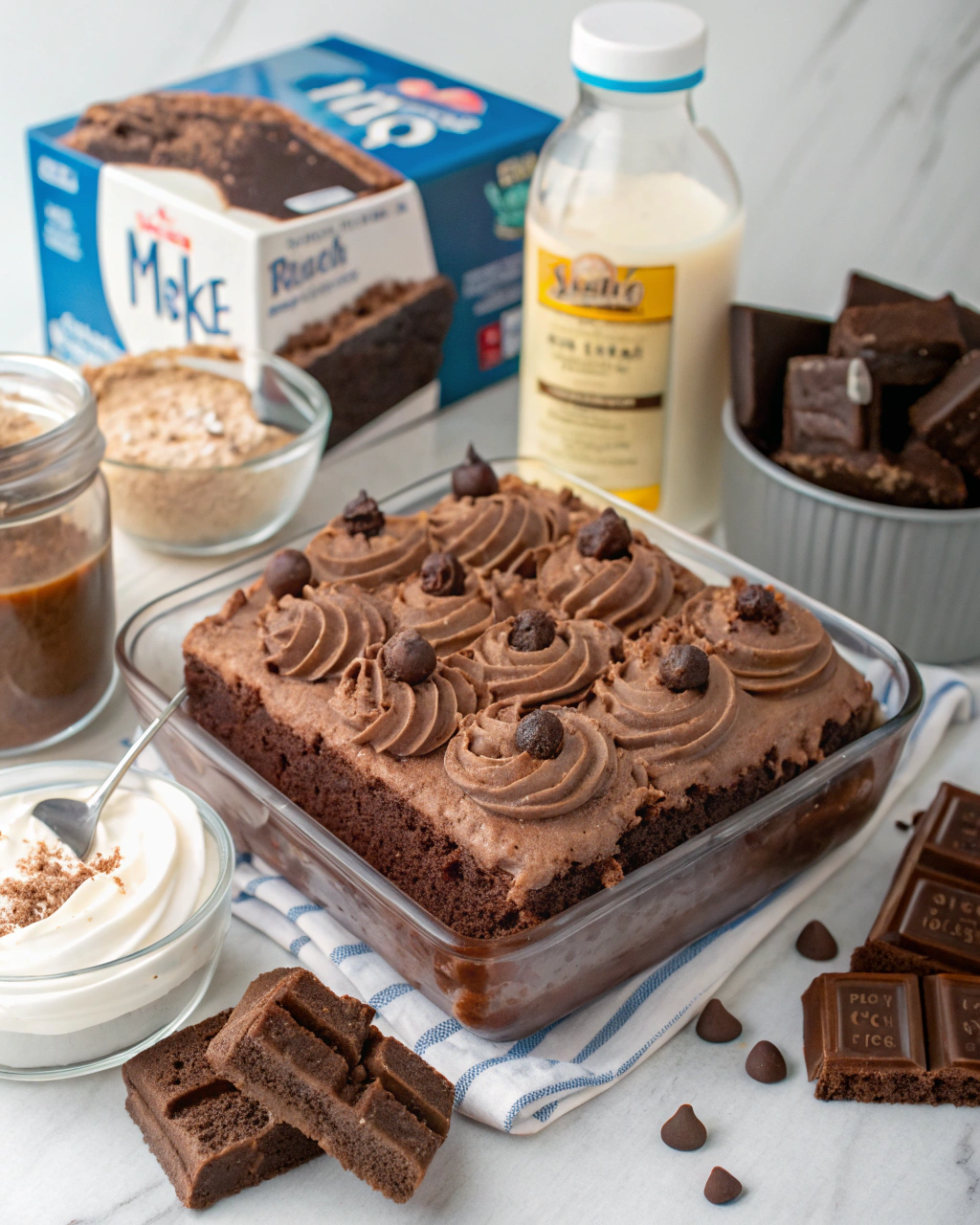 Death by Chocolate Poke Cake ingredients arranged on kitchen counter including chocolate cake mix, pudding mix, milk, sweetened condensed milk, hot fudge sauce, whipped topping, and chocolate candy bars