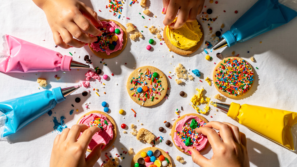 Children decorating cookies at party station