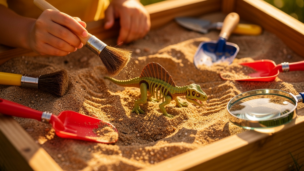Child excavating toy dinosaurs in sandbox