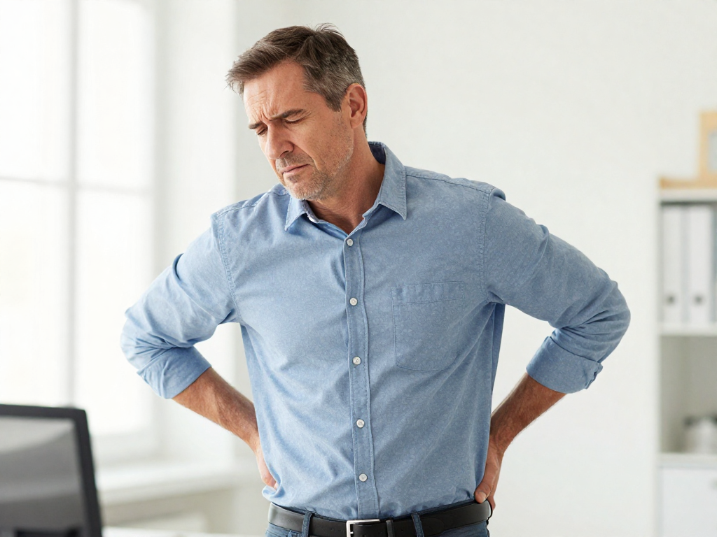 Middle-aged professional man (40s-50s) in casual business attire gently holding lower back with a concerned expression, modern bright clinic background, warm natural lighting, realistic photographic style. Middle-aged professional man (40s-50s) in casual business attire gently holding lower back with a concerned expression, modern bright clinic background, warm natural lighting, realistic photographic style.