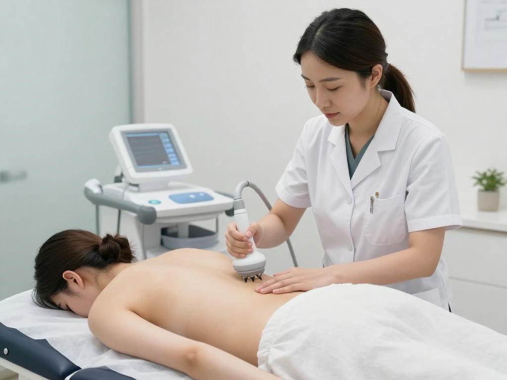 Clinician applying shockwave therapy device to a patient's lower back while patient lies prone on a treatment table, modern wellness clinic setting, professional, reassuring mood. Clinician applying shockwave therapy device to a patient's lower back while patient lies prone on a treatment table, modern wellness clinic setting, professional, reassuring mood.