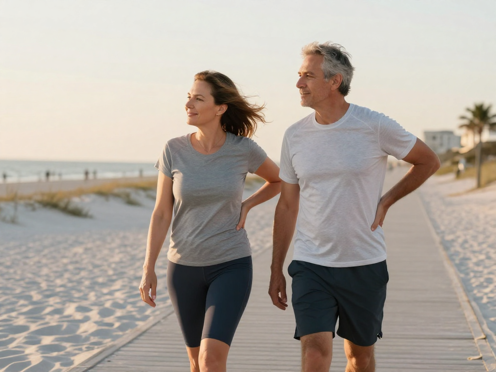 Affluent, active couple in their 40s-60s walking comfortably along a Florida coastal boardwalk at sunrise, relaxed posture, subtle sense of back pain relief and mobility. Affluent, active couple in their 40s-60s walking comfortably along a Florida coastal boardwalk at sunrise, relaxed posture, subtle sense of back pain relief and mobility.