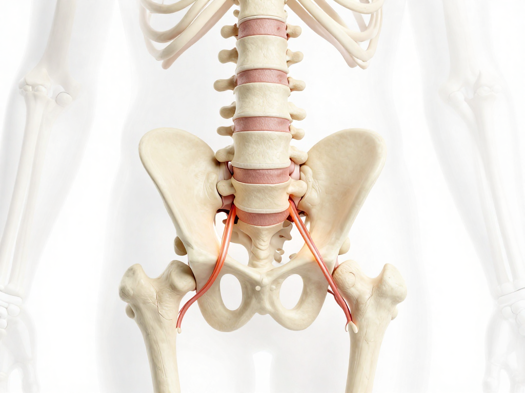 Anatomical illustration of lumbar spine and sciatic nerve path (lower back to leg) with subtle highlight showing nerve irritation area, clean white background, modern medical illustration. Anatomical illustration of lumbar spine and sciatic nerve path (lower back to leg) with subtle highlight showing nerve irritation area, clean white background, modern medical illustration.
