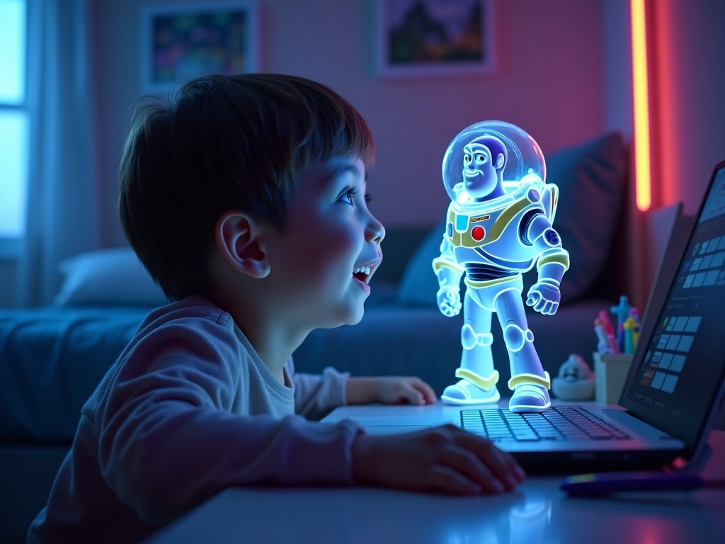 Niño jugando felizmente con su Buzz Lightyear Interactivo Disney Store
