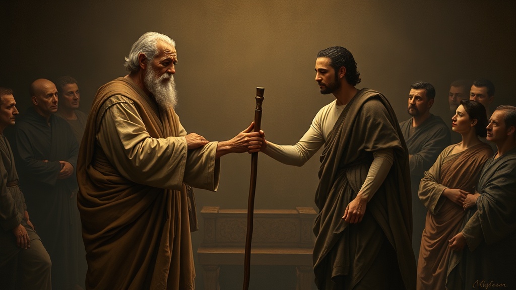 A solemn allegorical religious scene showing transfer of spiritual legacy