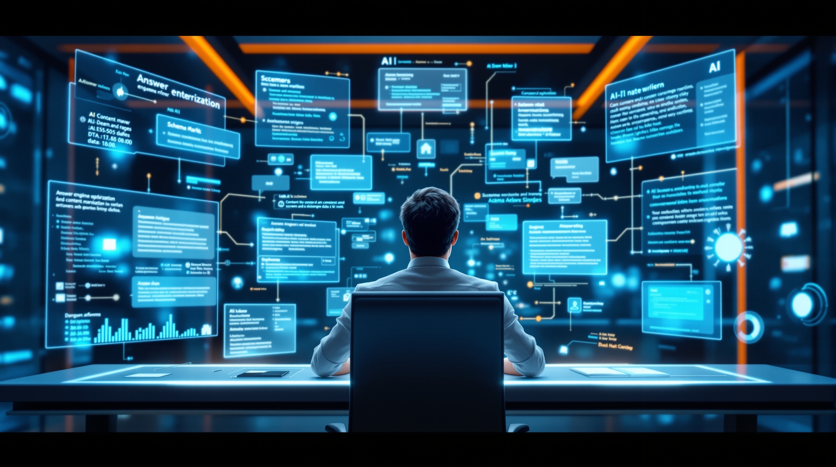 A content strategist optimizing web pages for Answer Engine Optimization surrounded by holographic AI interfaces showing schema markup and conversational snippets.