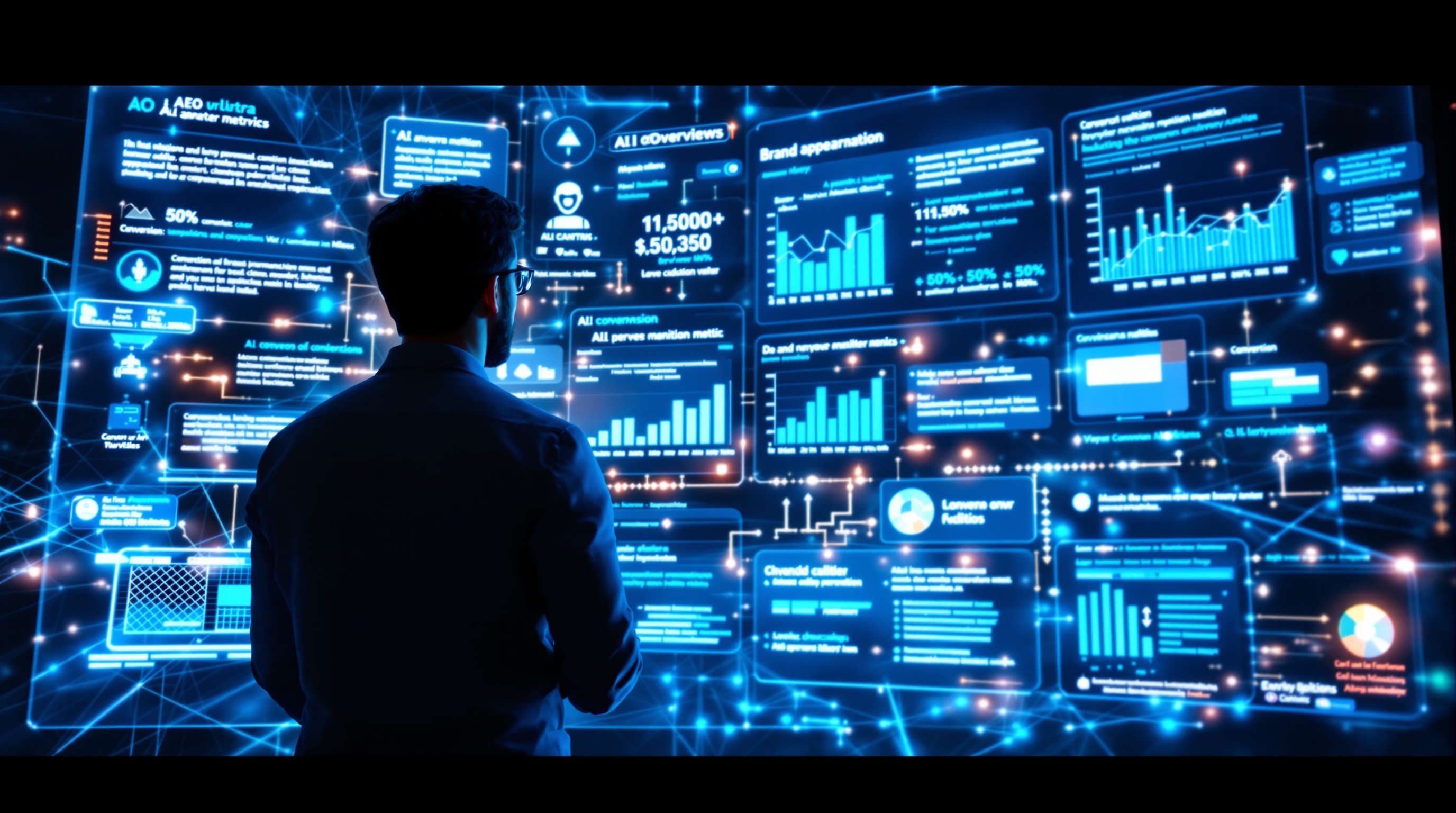 A marketing analyst reviewing AEO performance metrics displayed as holographic charts and analytics representing AI Overview appearances and brand mentions.