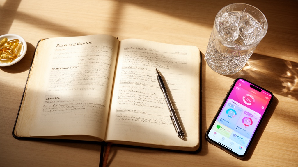 Health journal and supplements on desk