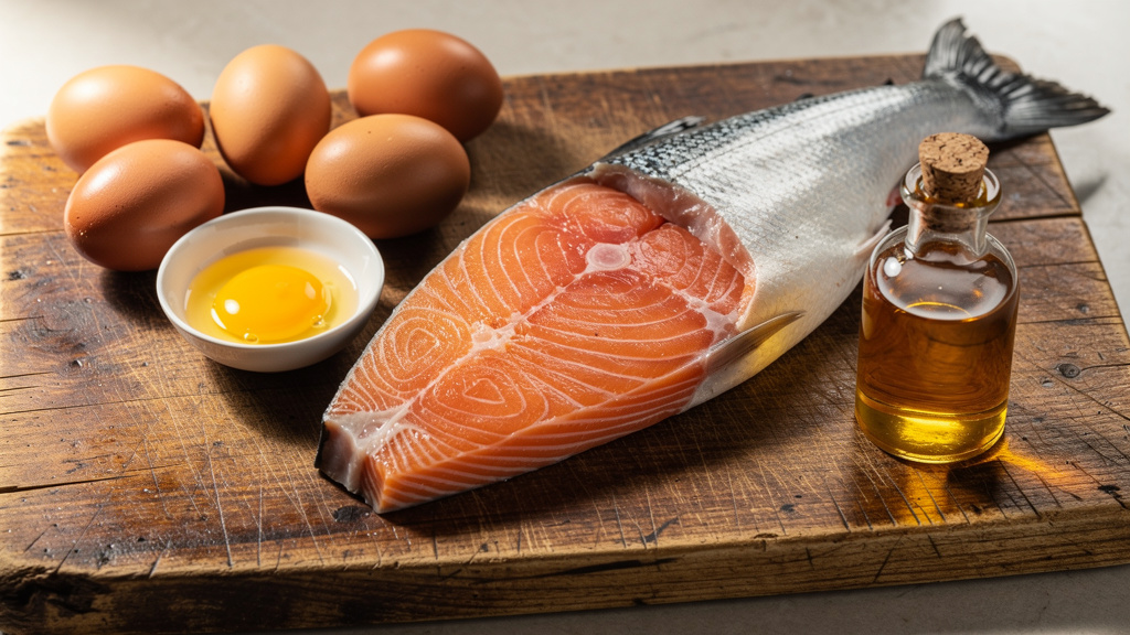 Natural food sources containing vitamin D3 including salmon and eggs