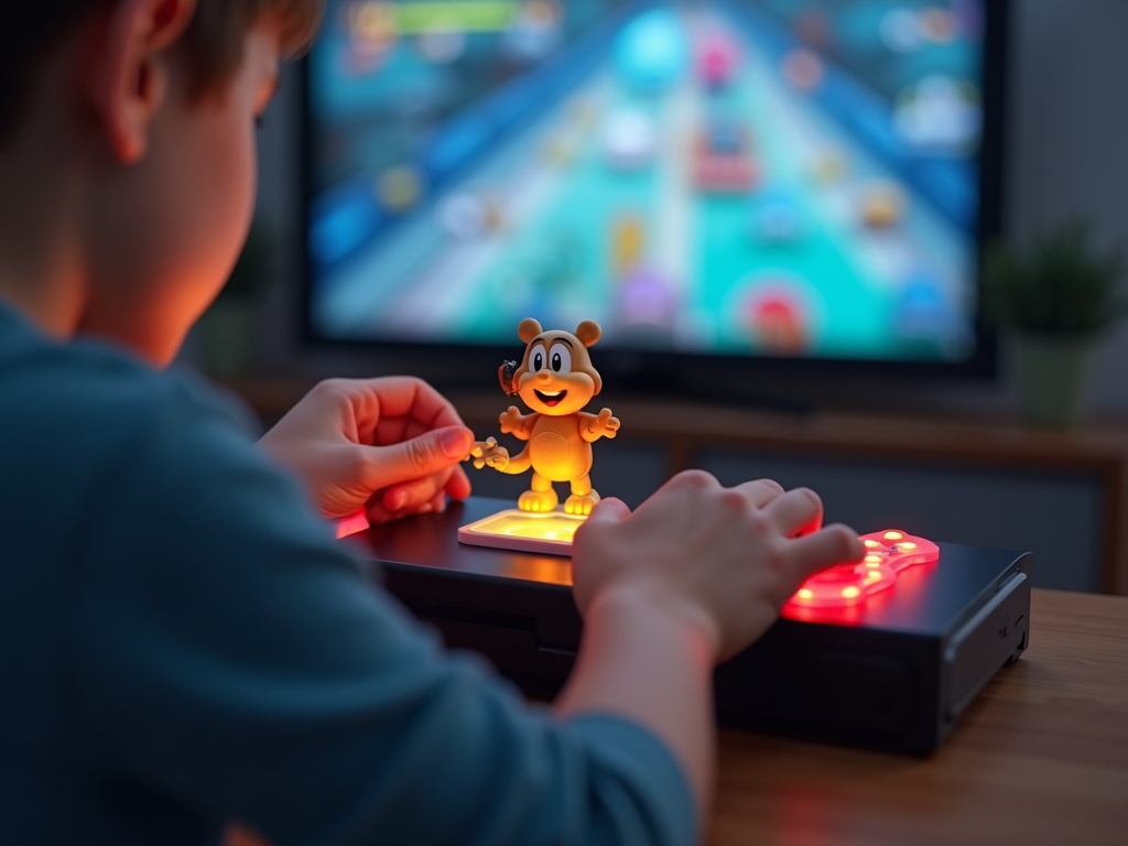 Un jugador de Zelda disfrutando del juego con su Amiibo Wolf Link al lado