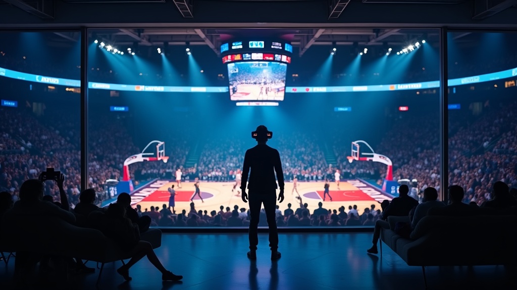 Vista inmersiva de partido de la NBA con Apple Vision Pro mostrando interfaz de usuario