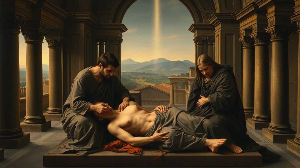 Renaissance-style compassionate scene illustrating care after a crisis