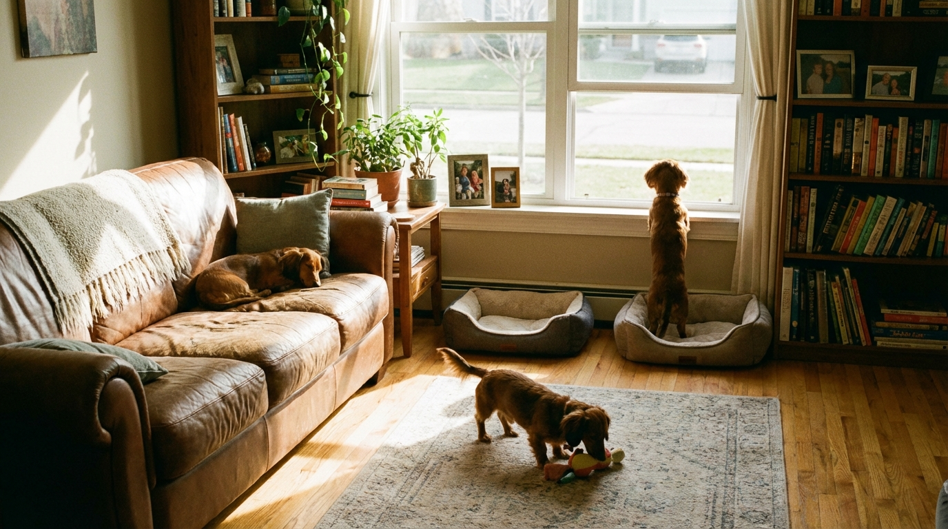 ミニチュアダックスフンドと幸せに暮らすリビングの風景