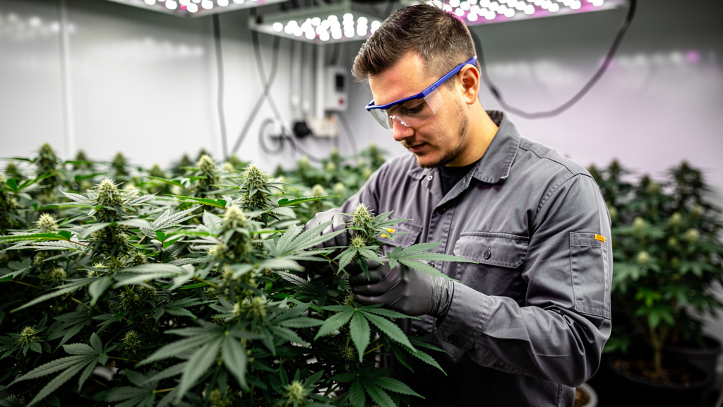 Grower mit UV-Schutzbrille im professionellen Growroom