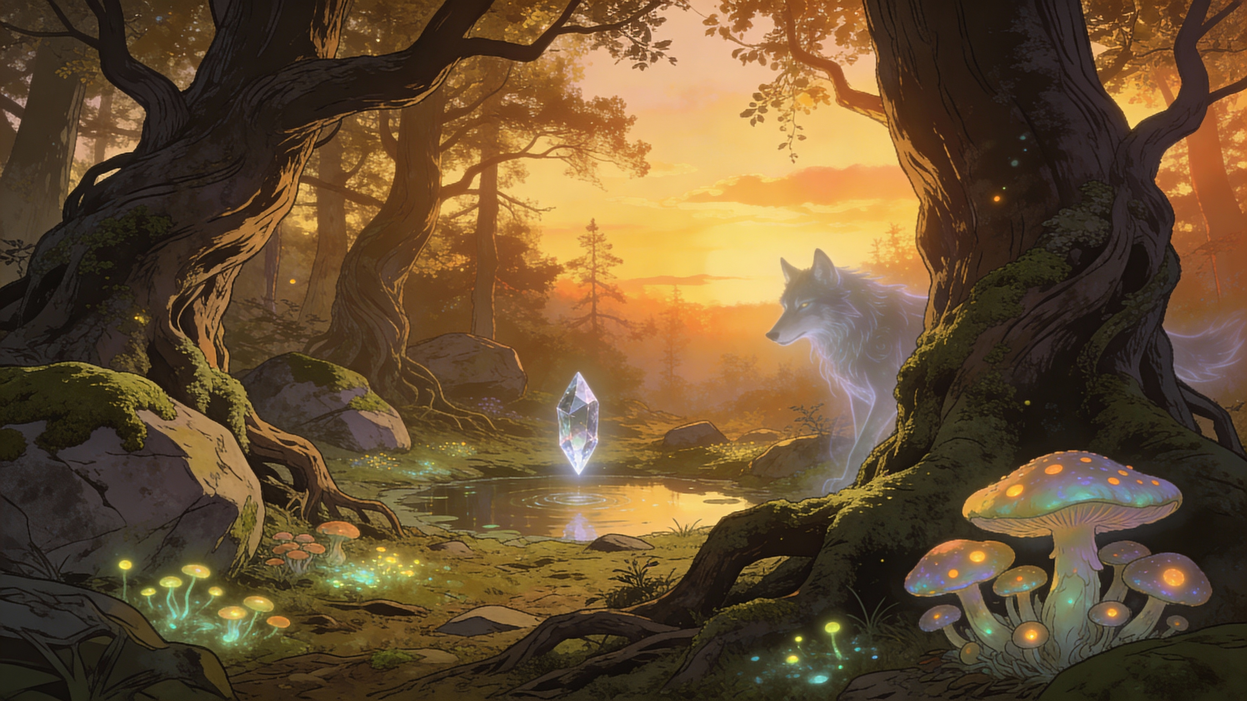 Le loup dans la forêt Illustration médiévale fantastique: une forêt paisible avec un cristal surnaturel et un loup fantomatique