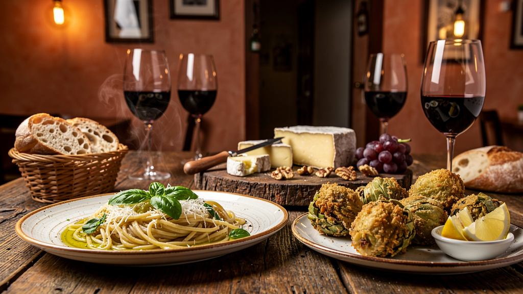 Authentic Roman cuisine on romantic dinner table