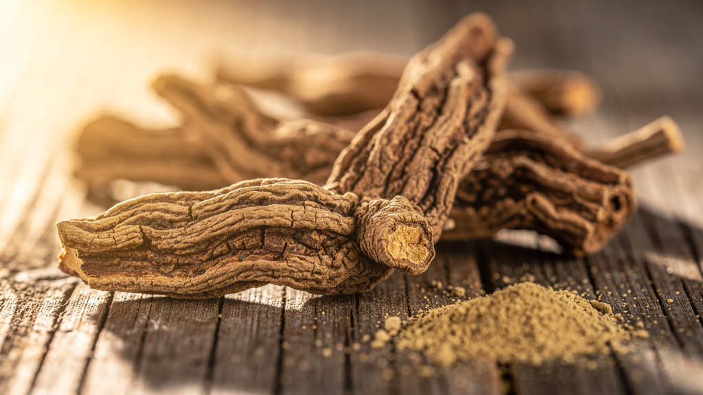 Dried ashwagandha root showing natural texture and earthy tones