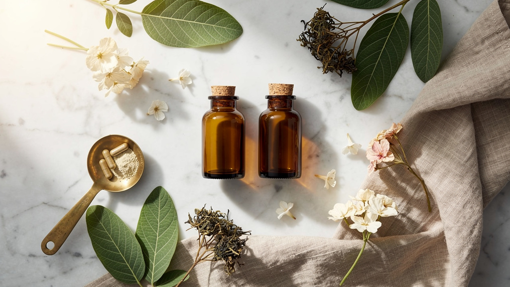 Natural supplement bottles with ashwagandha and tea ingredients