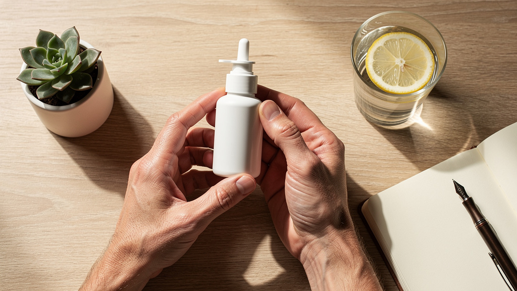 Person using nasal spray at organized wellness workspace