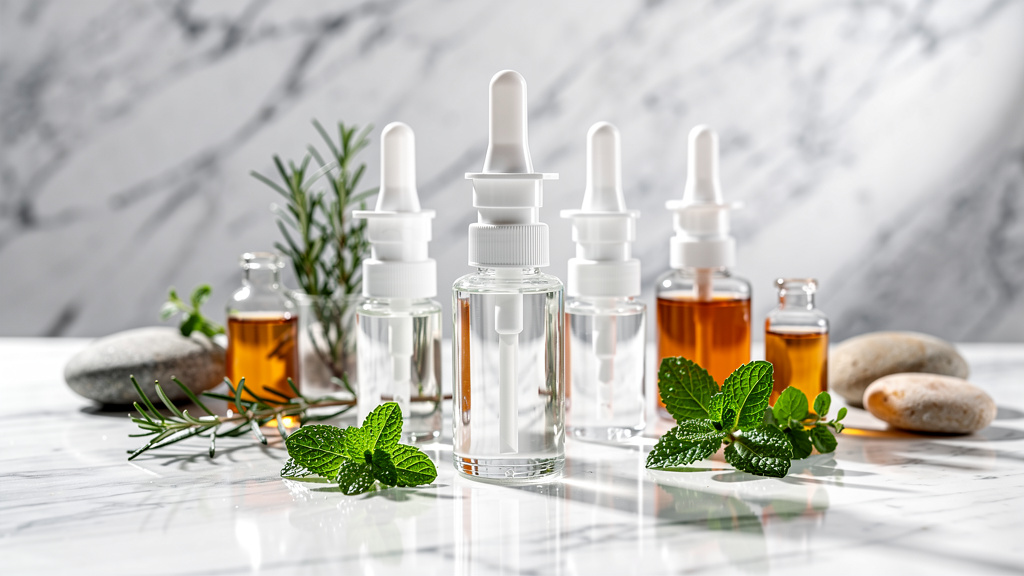 Collection of wellness nasal spray supplements arranged naturally