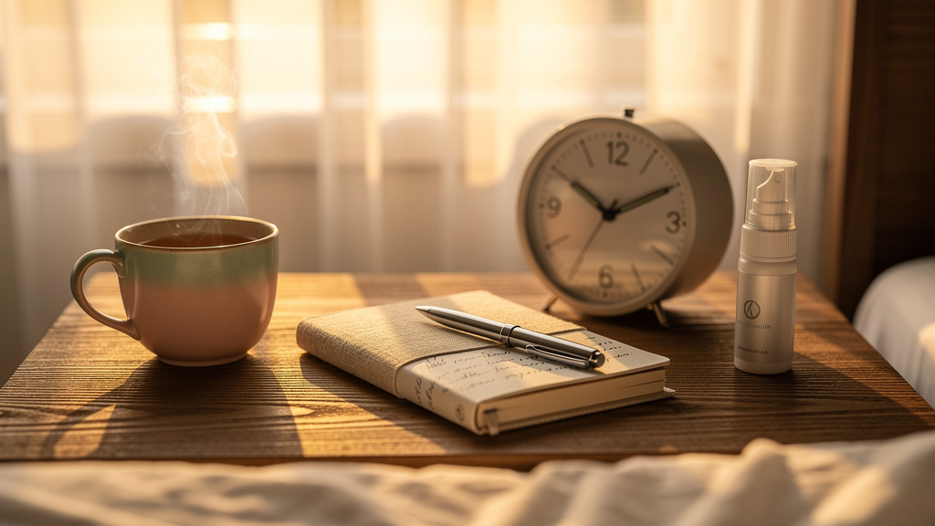Peaceful morning wellness routine setup with journal